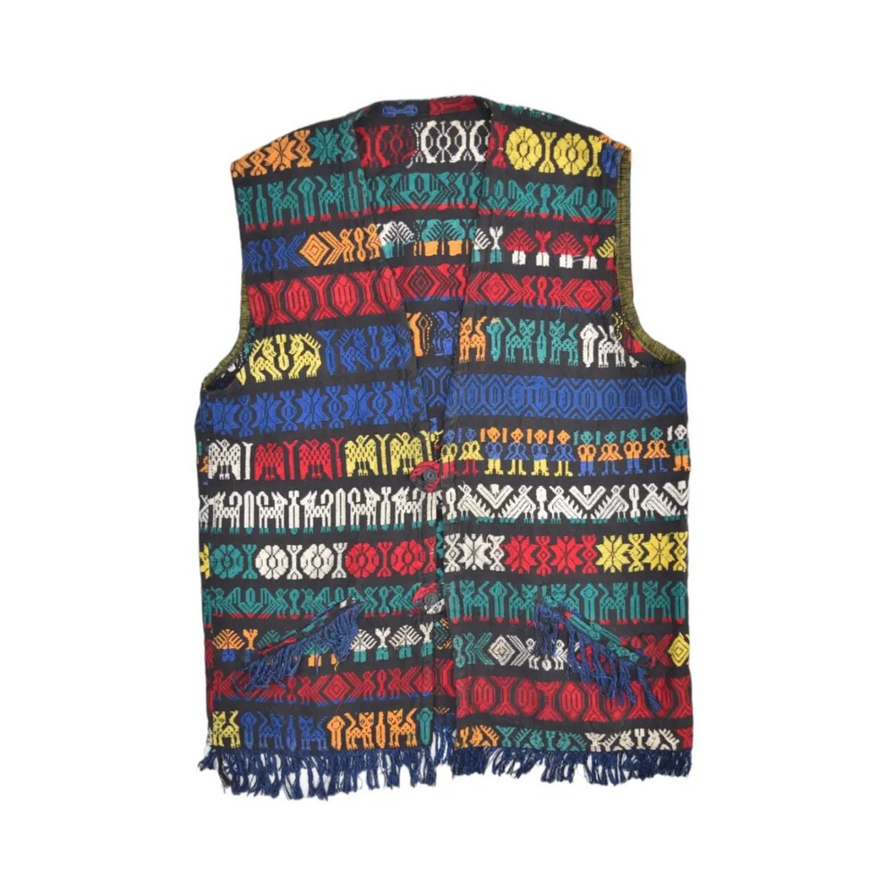 Vintage Tribal Vest Womens M Fringe Pocket V Neck Woven Ethnic Southwestern